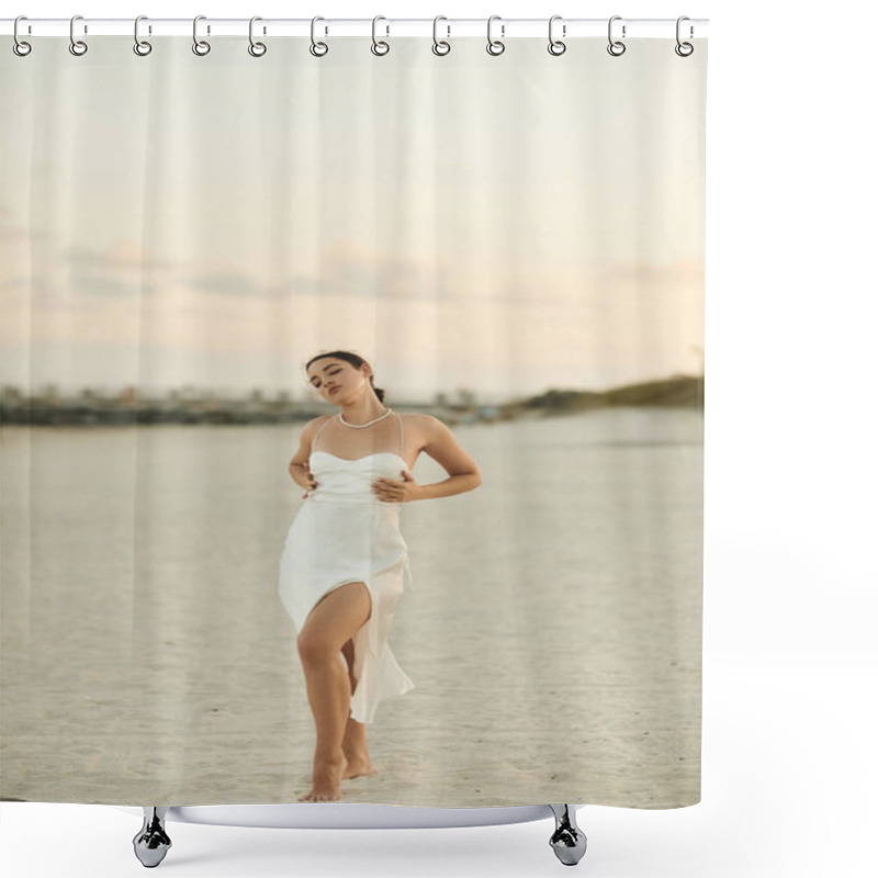 Personality  A Young Woman In A White Dress Walks Barefoot On A Sandy Beach In Miami As The Sun Sets Behind Her. Shower Curtains