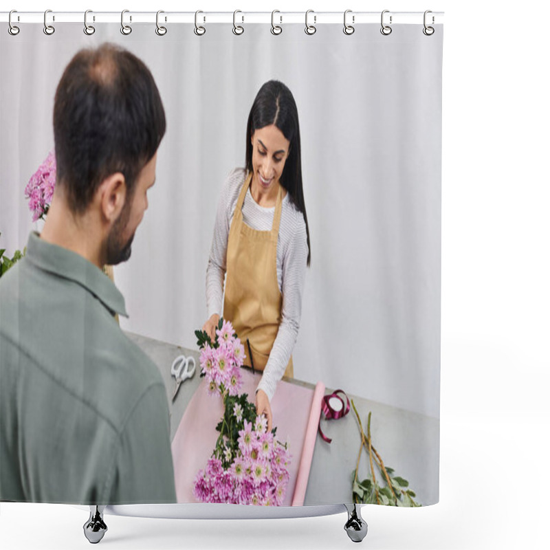 Personality  Floral Designer Engages With A Male Client To Provide Personalized Flower Arrangements. Shower Curtains