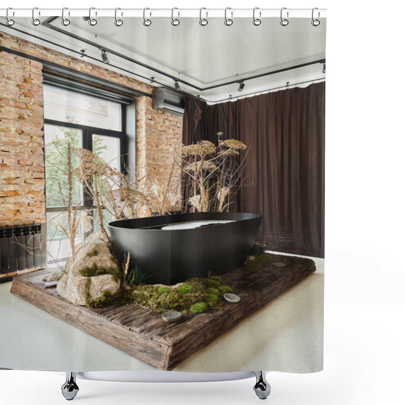 Personality  Black Bathtub Inside Of Modern Apartment With Panoramic Windows And Decorative Plants And Mold Shower Curtains