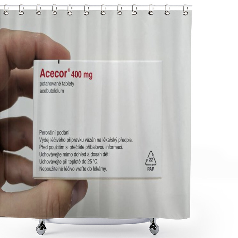 Personality  Prague,Czech Republic-October 9 2024: Acecor Is A Cardiovascular Medication Used For Treating Hypertension, Supporting Heart Health, And Managing Conditions Related To High Blood Pressure Acebutolol Shower Curtains