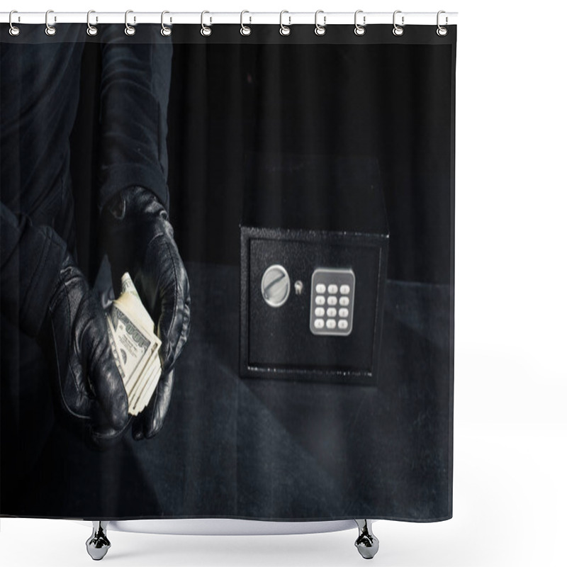 Personality  Close-up View Of Robber In Gloves Taking Dollars From Safe Shower Curtains