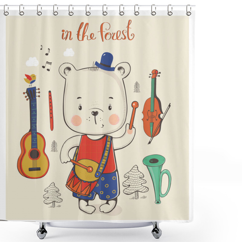 Personality  Teddy Bear With Musical Instruments. Cartoon Hand Drawn Vector Illustration. Can Be Used For Baby T-shirt Print, Fashion Print Design, Kids Wear, Baby Shower Celebration Greeting And Invitation Card. Shower Curtains