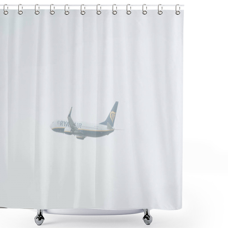 Personality  KYIV, UKRAINE - OCTOBER 21, 2019: Flight Departure Of Ryanair Airplane In Cloudy Sky Shower Curtains