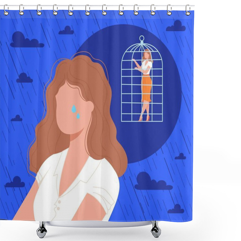 Personality  Cage In Woman Head, Psychology Vector Illustration, Cartoon Flat Lonely Frustrated Female Character Crying, Feeling Anxiety Disorder Stress Shower Curtains