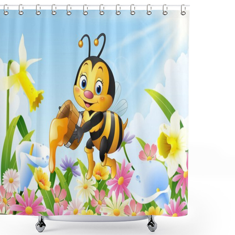 Personality  Cartoon Bee Holding Honey Bucket With Flower Background Shower Curtains