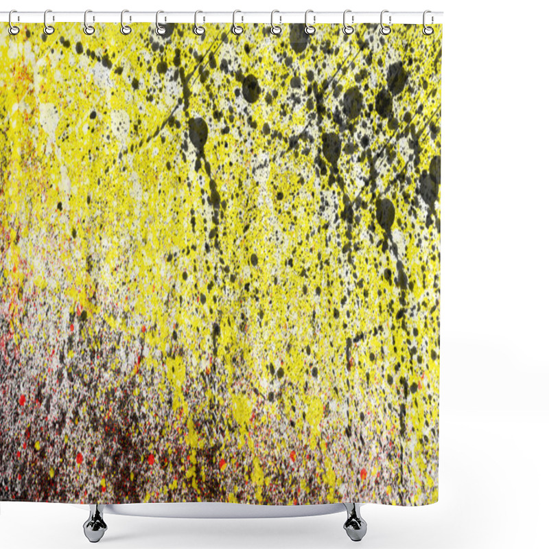 Personality  Abstract Yellow Background With Splashes Of Black, White And Red Paint Shower Curtains