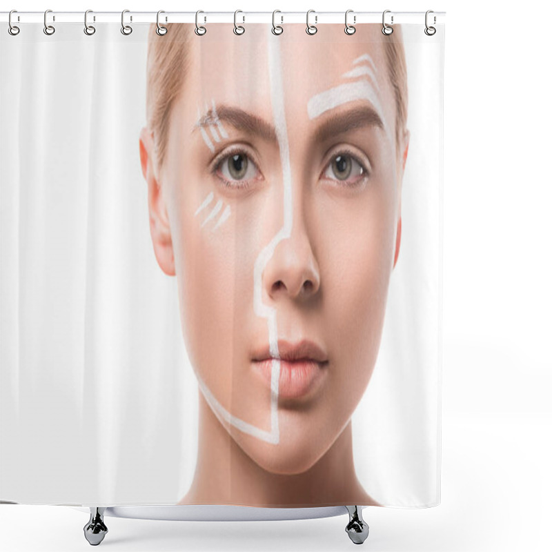 Personality  Headshot Of Beautiful Woman With White Lines On Face Looking At Camera Isolated On White Shower Curtains