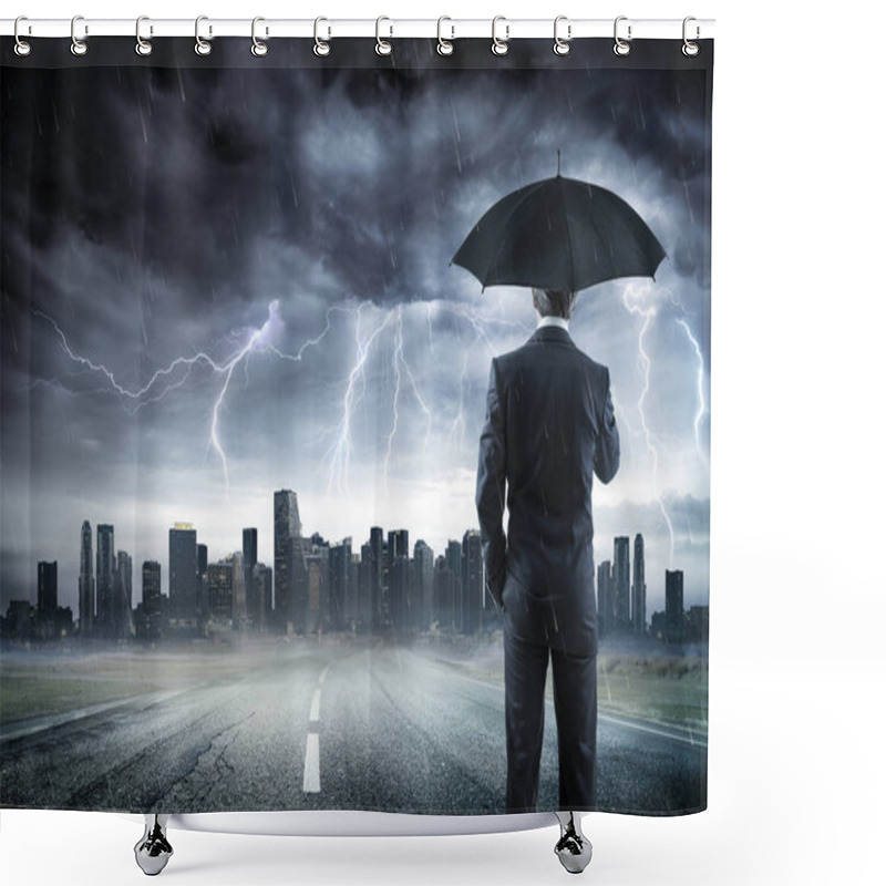 Personality  Businessman With Umbrella Looking Storm Over City Shower Curtains