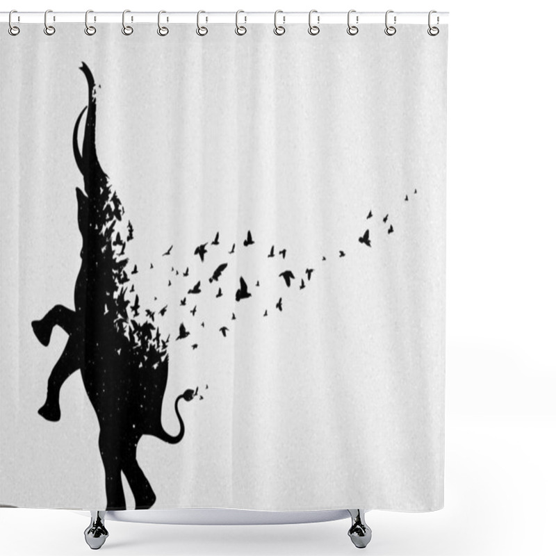 Personality  Standing Elephant Silhouette, Flock Of Flying Birds. Endangered Animal. Life And Death. Wildlife Protection Concept. Metaphor Black And White Art Poster. Vector Illustration For Prints, T-shirts Shower Curtains