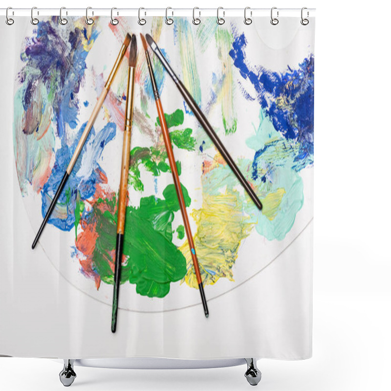 Personality  Top View Of Palette With Paints And Paintbrushes Isolated On White Shower Curtains