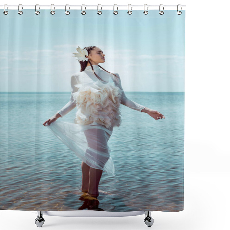 Personality  Dreamy And Elegant Woman In White Swan Costume Standing On River Backgrond Shower Curtains