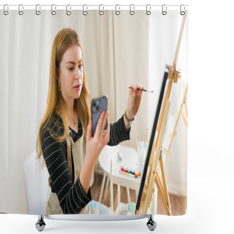 Personality  Female Artist Painting On Canvas While Looking At Another Paintings On Her Smartphone And Copying Some Features Shower Curtains