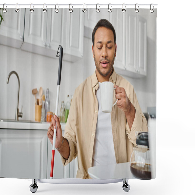 Personality  Attractive Indian Man With Visual Impairment Sitting And Drinking Tasty Coffee While On Kitchen Shower Curtains