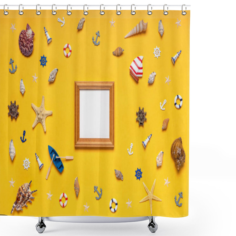 Personality  Round Frame Made Of Decorative Items And Miniature Toys: Seashells, Seastars, Vessel, Boat, Anchors, Steering Wheels, Life Buoys. Empty Wooden Photoframe, Mock Up. Summer Vacation, Sea Travel Concept Shower Curtains