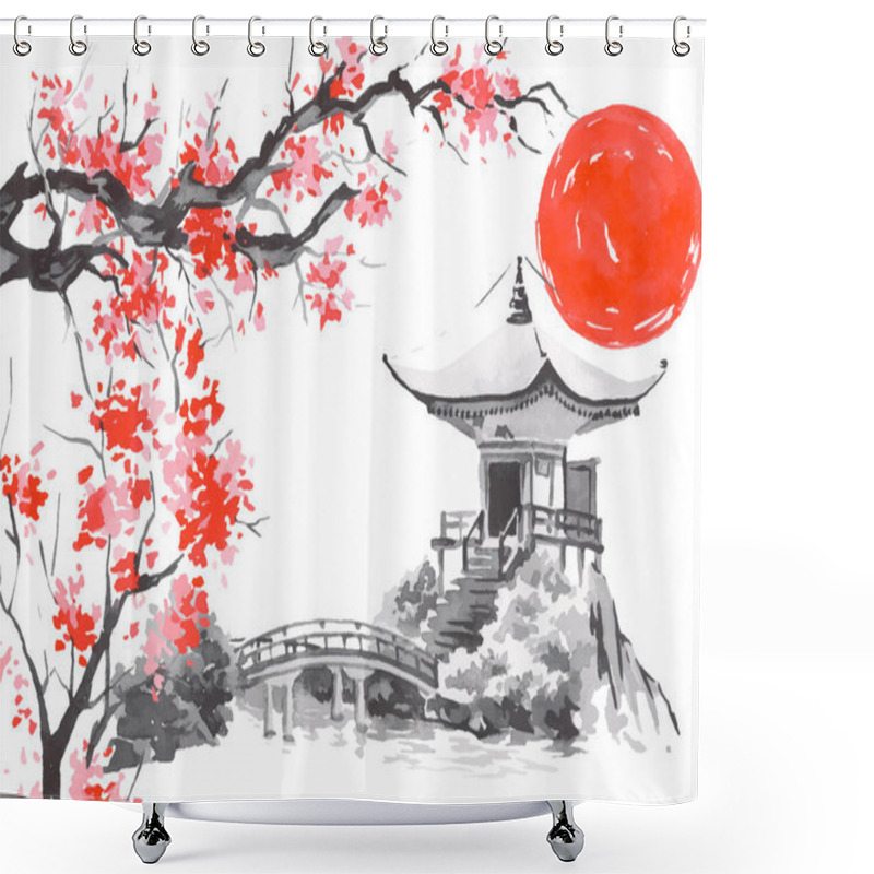 Personality  Japan Traditional Sumi-e Painting. Fuji Mountain, Sakura, Sunset. Japan Sun. Indian Ink Vector Illustration. Japanese Picture. Shower Curtains