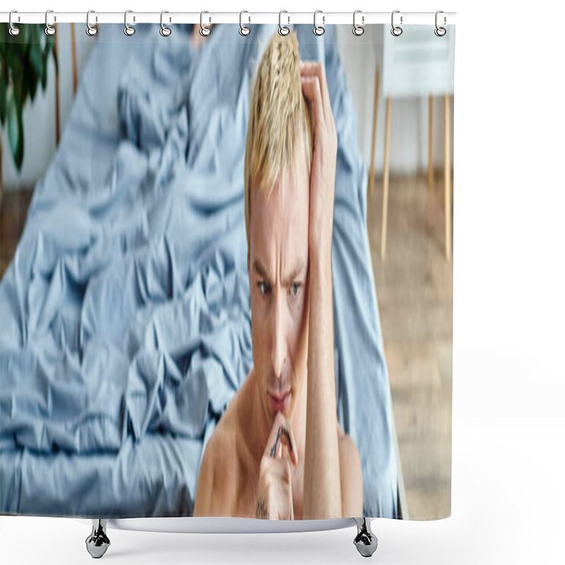 Personality  Thoughtful And Lonely Tattooed Man With Blonde Dyed Hair Near Large Bed In Bedroom At Home, Banner Shower Curtains