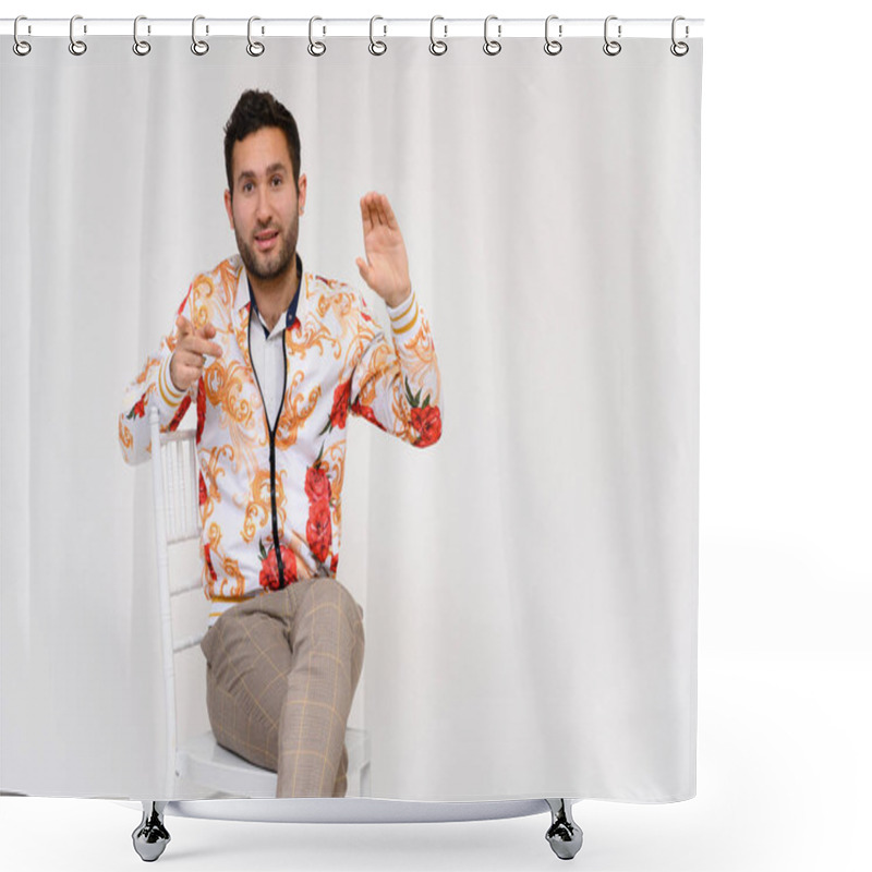 Personality  Mens Fashion Concept. Portrait Of A Handsome Male Model, Showing Hands, Wearing A White Jacket With A Floral Pattern, Posing On A White Background, Sidmint On A Chair. Black Hair. Close Studio Shot Shower Curtains