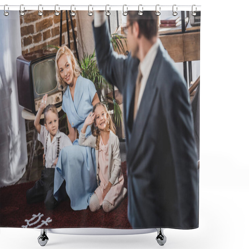 Personality  Selective Focus Of Father Going To Work And Waving Hand To Happy Family, 1950s Style Shower Curtains