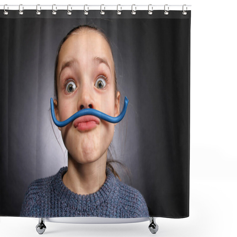 Personality  Teen Girl 9-12 Years Old, Looks Into The Frame, Emotional Studio Portrait On A Gray Background With Backlight Shower Curtains