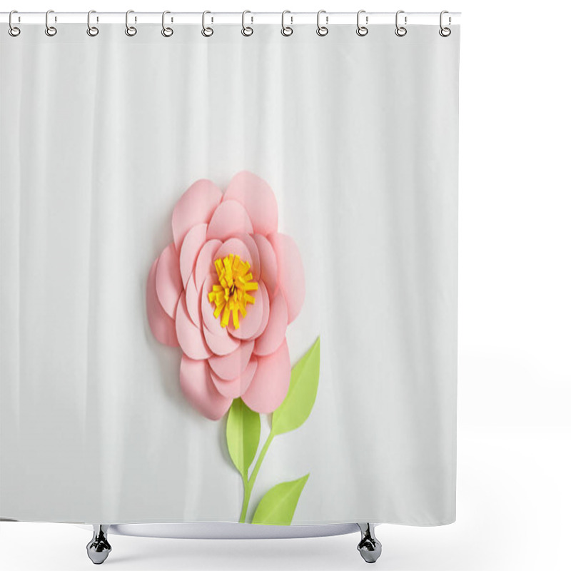 Personality  Top View Of Pink Paper Flower And Green Plants With Leaves On Grey Background Shower Curtains