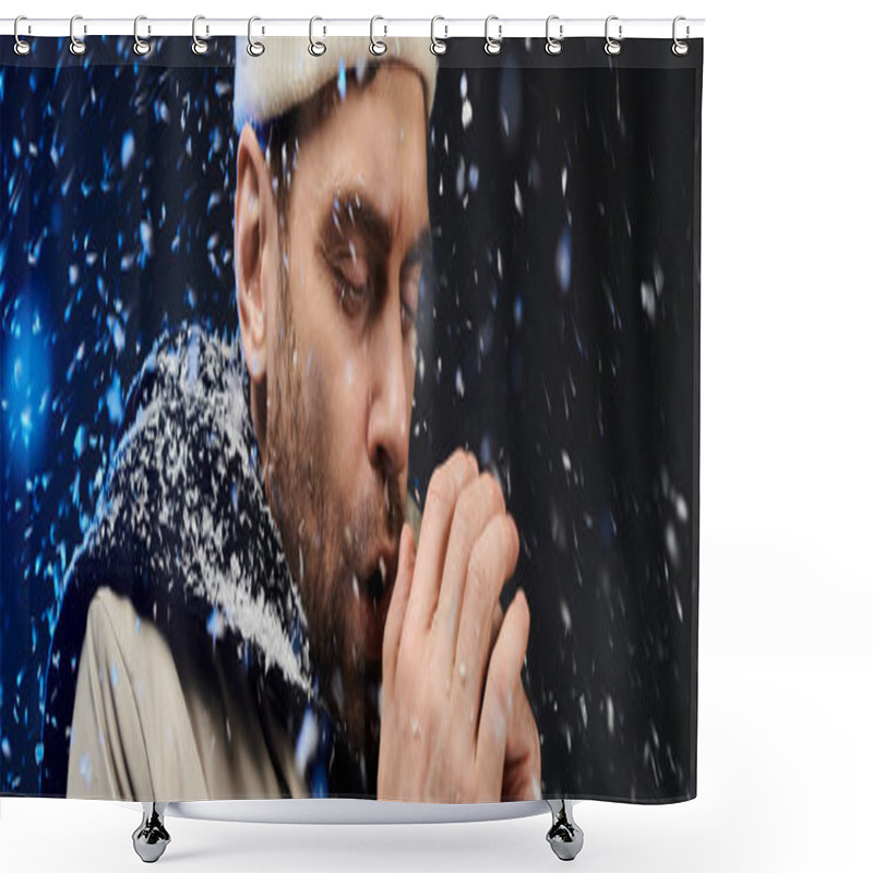 Personality  A Handsome Young Man Blows Warmth Into His Hands, Surrounded By Swirling Snowflakes. Shower Curtains