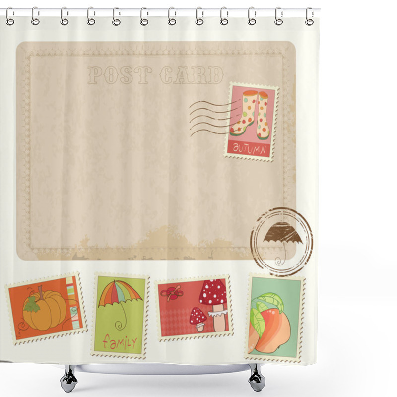 Personality  Retro Invitation Postcard With Autumn Stamps - For Design And Sc Shower Curtains