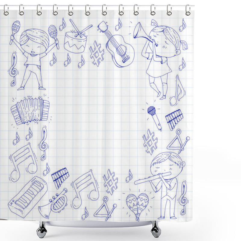 Personality  Vector School Of Music Musical Theatre Kindergarten Children With Music Instruments Drum, Flute, Accordion, Trumpet, Piano Music Perfomance And School Age Kids Children Orchestra Shower Curtains