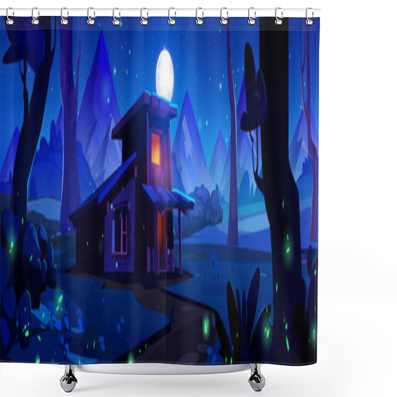 Personality  House In Night Forest With Mountain And Firefly Game Background. Dark Halloween Wild Woods Park Landscape And Magic Cabin. Spooky And Mystic Small Cottage Exterior With Window Above Starry Sky. Shower Curtains