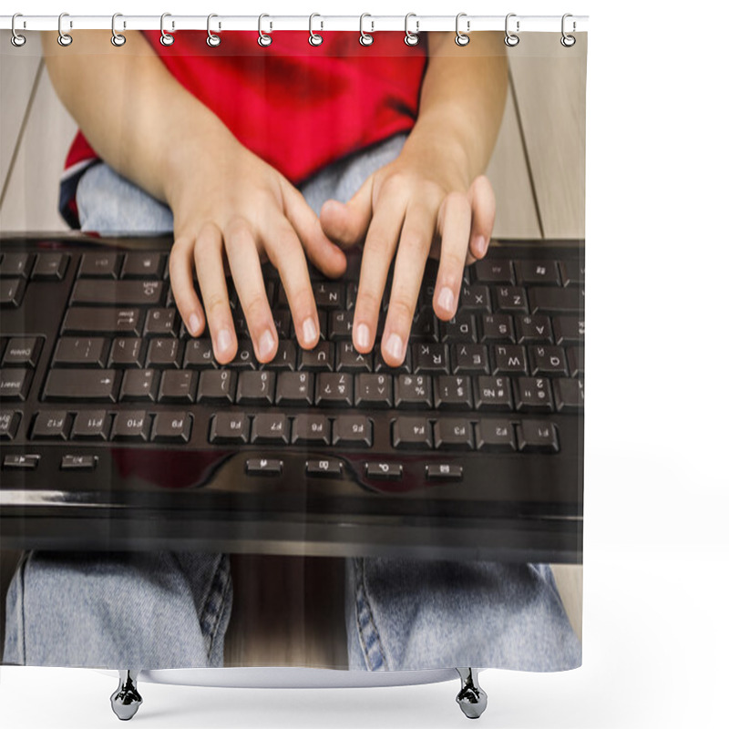 Personality  The Boy's Hands Pressed The Keys Of Computer Keyboards Shower Curtains