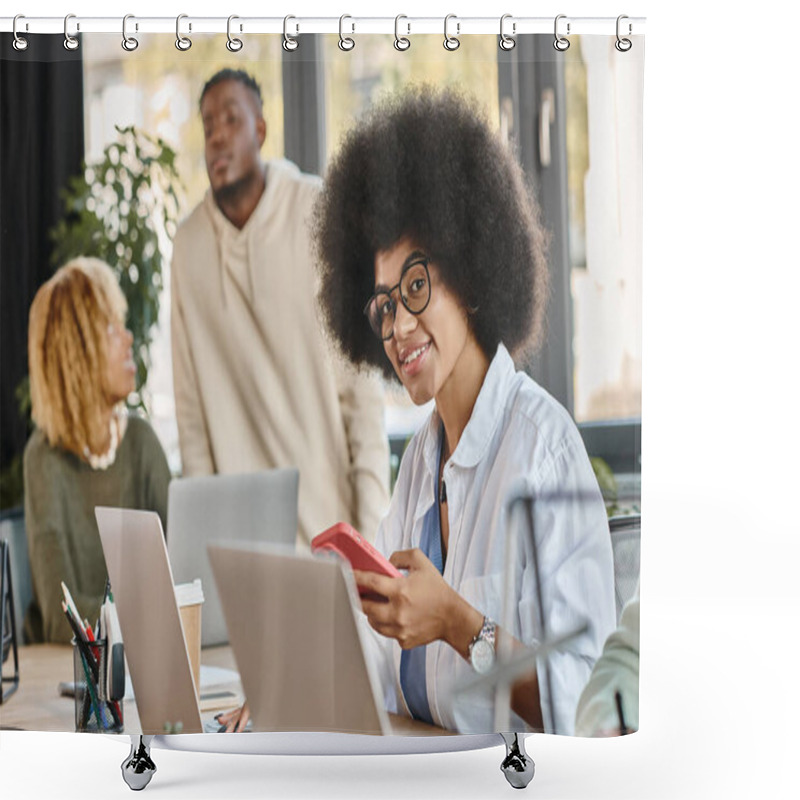 Personality  Cheerful Woman In Casual Attire Smiling At Camera With Her Friends On Backdrop, Working Process Shower Curtains