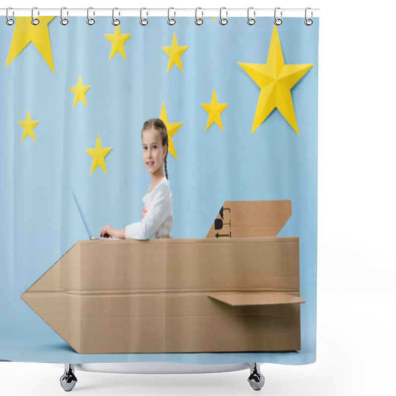 Personality  Cheerful Kid With Big Cardboard Rocket Using Laptop On Blue Starry Background Shower Curtains