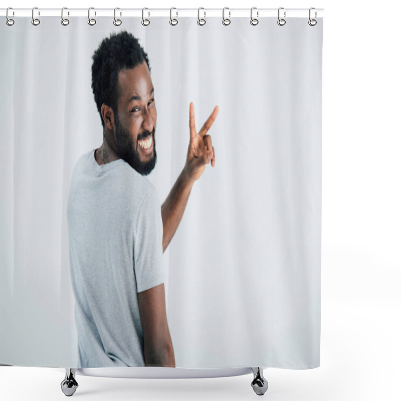 Personality  Happy African American Man In Grey T-shirt Showing Victory Sign Isolated On Grey Shower Curtains