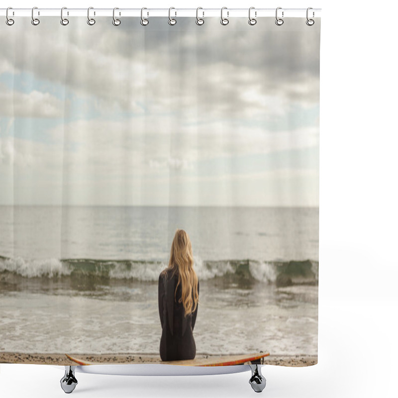 Personality  Rear View Of Blond In Wet Suit With Surfboard At Beach Shower Curtains