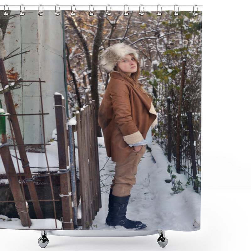 Personality  Portrait Photo Of Beautiful Girl Wearing Coat And Fur Hat Standing Near Fence And House Wall In Winter Nature Background Shower Curtains