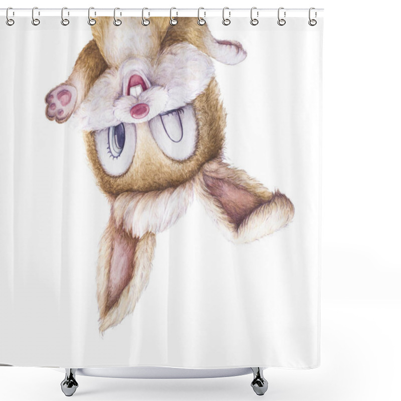 Personality  Watercolor. Happy Rabbit Smiling. Bunny Who Winks. Kids Personage. Newborn Art Gift. Print Quality. White Background. Watercolor Kids Illustration. Shower Curtains