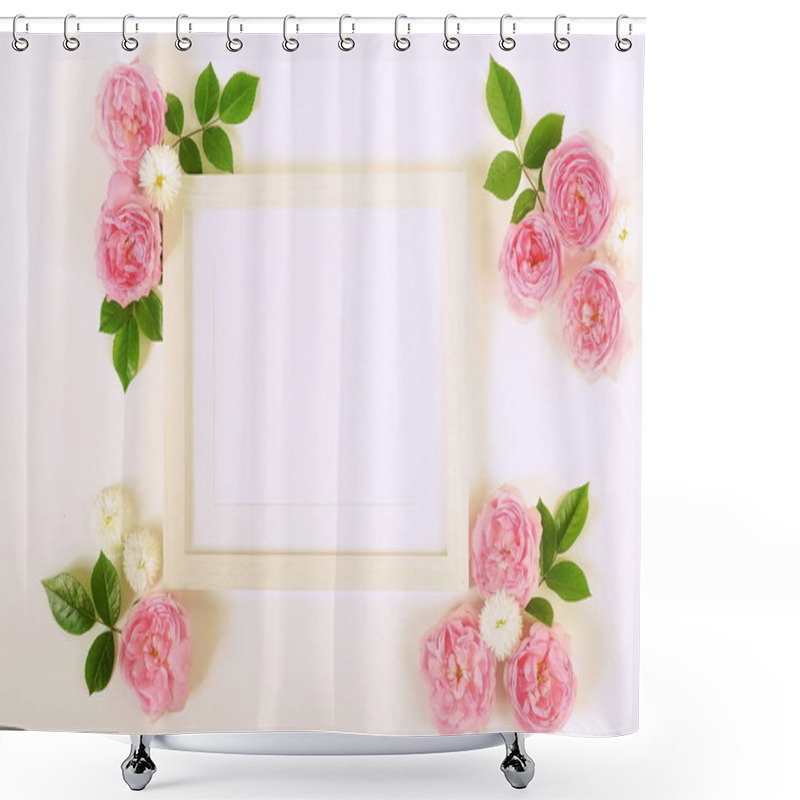 Personality  Floral Frame Wreath Of Pale Pink Roses Flower Buds And Leaves On White Background. Flat Lay, Top View Mockup. Shower Curtains