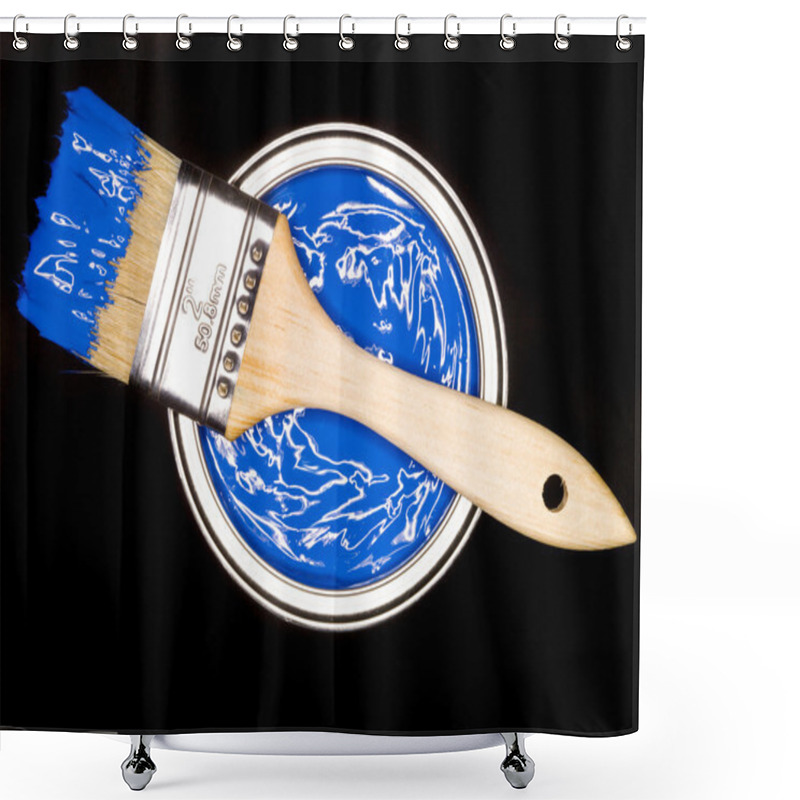 Personality  Blue Paint Can And Brush From Above On Black Background Shower Curtains