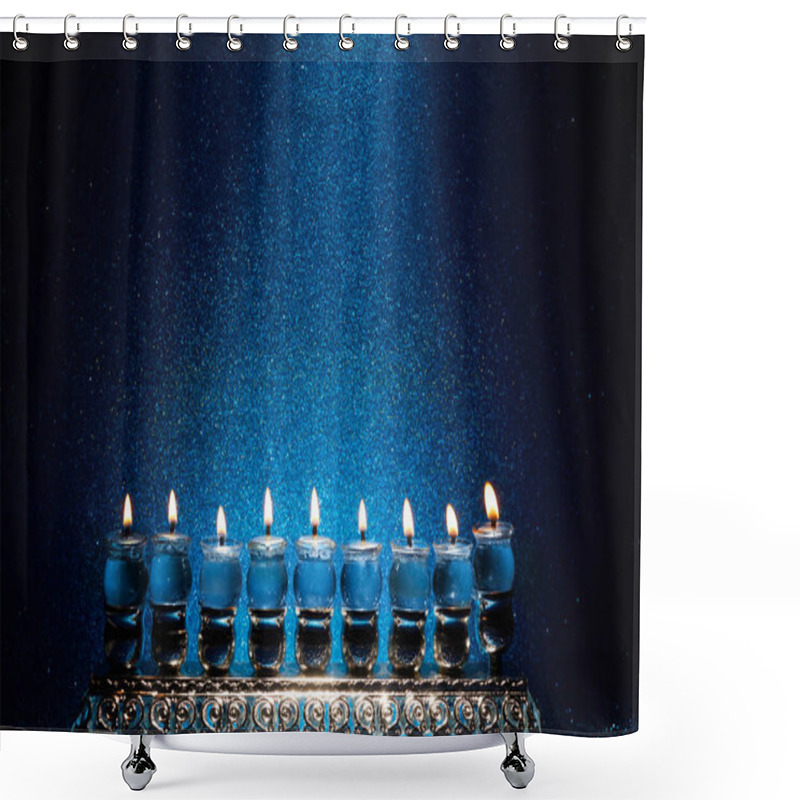 Personality  Jewish Holiday Hanukkah Background With Menorah -traditional Candelabra And Candles. Shower Curtains