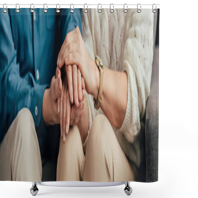 Personality  Cropped View Of Couple Holding Hands At Home Shower Curtains