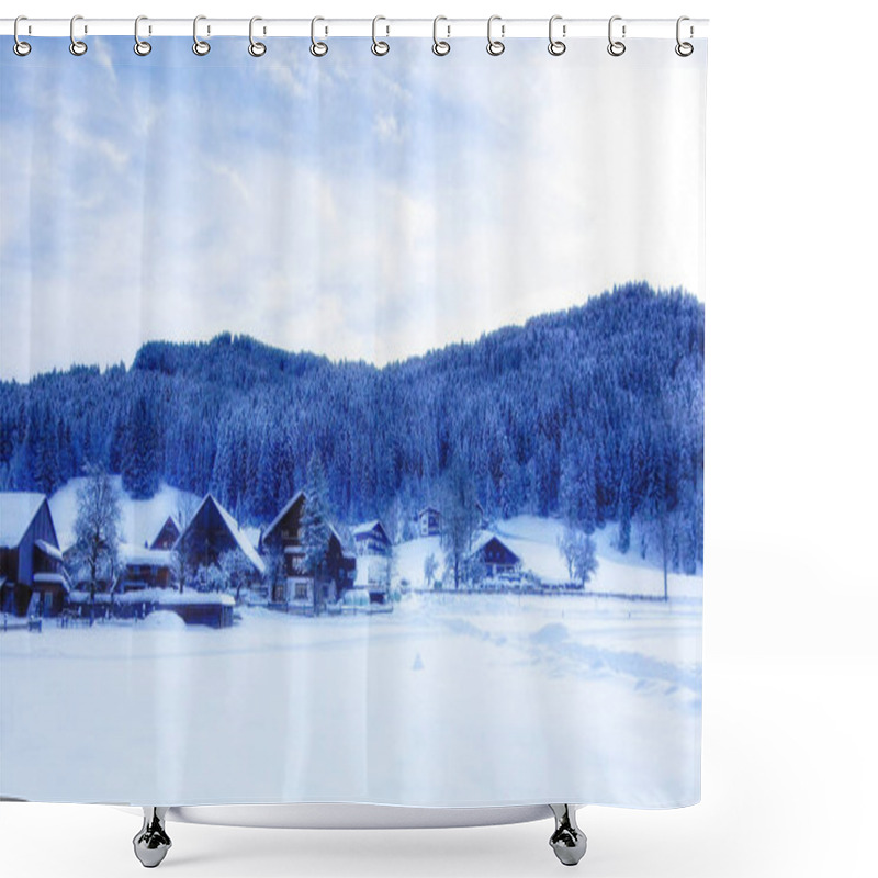 Personality  Snow Covered House Under Mountain Shower Curtains