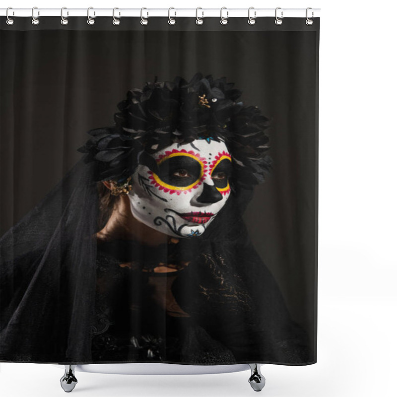 Personality  Woman In Dark Halloween Costume And Sugar Skull Makeup Looking Away Isolated On Black Shower Curtains