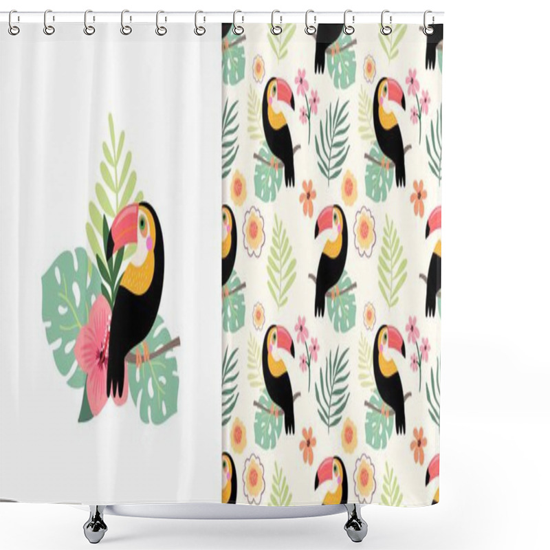 Personality  Tropical Set With Seamless Pattern And Floral Arrangement, Toucan, Hibiscus, Exotic Leaves Shower Curtains