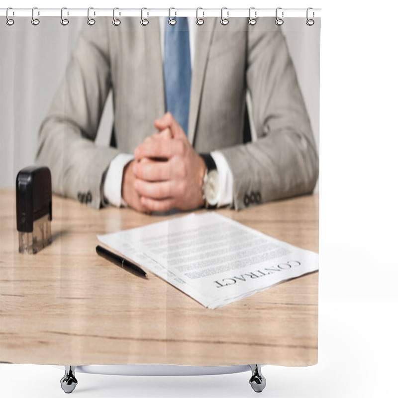 Personality  Cropped View Of Businessman Sitting At Desk Near Contract, Stamp And Pen Isolated On Grey Shower Curtains