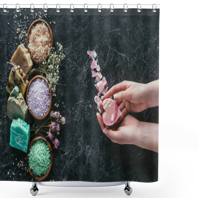 Personality  Cropped View Of Female Hands With Homemade Soap In Heart Shape On Black Marble Surface With Dried Flowers, Natural Soap And Sea Salt For Spa Shower Curtains