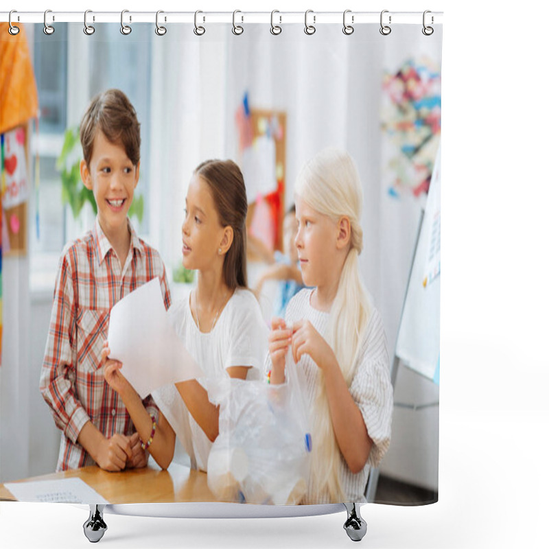 Personality  Smiling Kids Gathering Packs And Bottles In A Classroom Shower Curtains