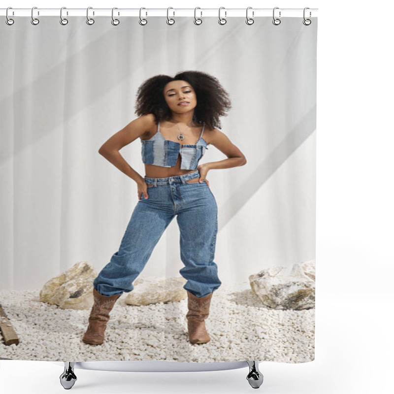 Personality  A Stunning Young African American Woman Poses Confidently In Trendy Denim. Shower Curtains