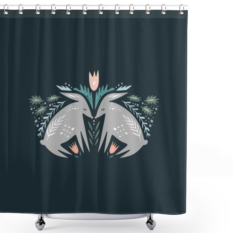 Personality  Cute Cartoon Rabbits. Composition With Folk Art Animals And Floral Decor Elements. Hand Drawn Vector, Clip Art Shower Curtains