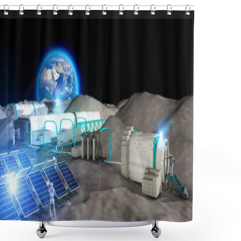 Personality  Lunar Base, Spatial Outpost. First Settlement On The Moon. Space Missions. Living Modules For The Conquest Of Space. 3d Render. The Earth Seen From The Moon Shower Curtains