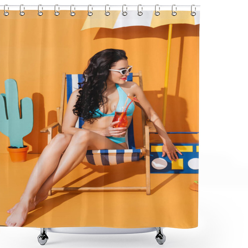 Personality  Cheerful Woman In Swimwear And Sunglasses Sitting On Deck Chair And Holding Cocktail Near Paper Umbrella, Boombox And Cactus On Orange Shower Curtains