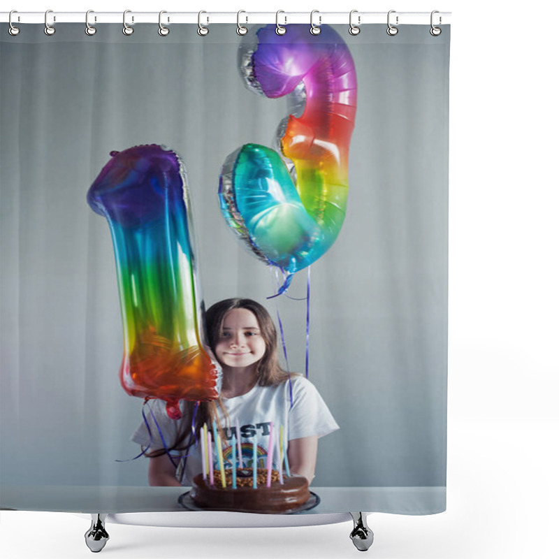 Personality  Cute Teenager With A Happy Birthday Ballons Shower Curtains